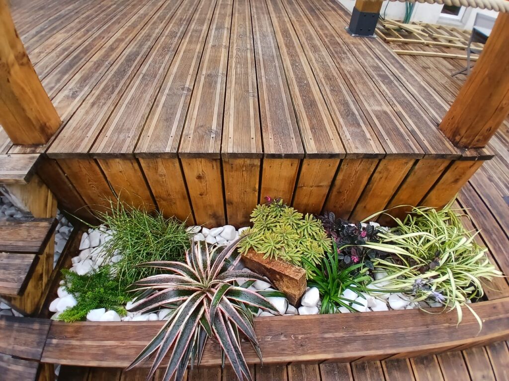 Terrasse en bois avec massif de plantes et galets blancs par Les Jardins du Val de Vire